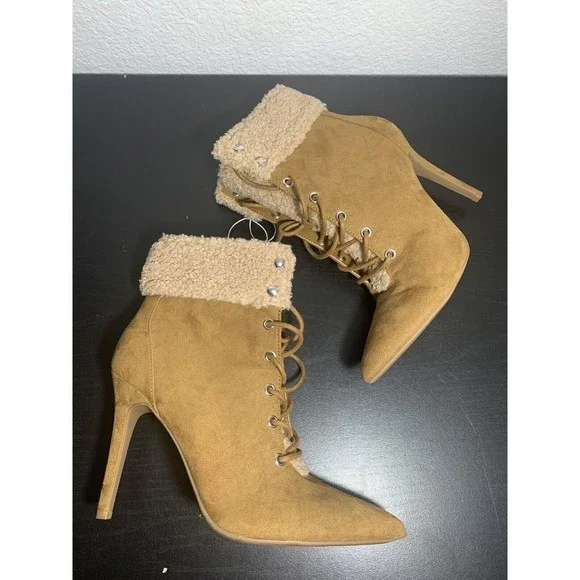 Jessica Simpson Heeled Faux Fur Tan Suede Pirlie‎ Fuzzy Shearling Booties  Womens